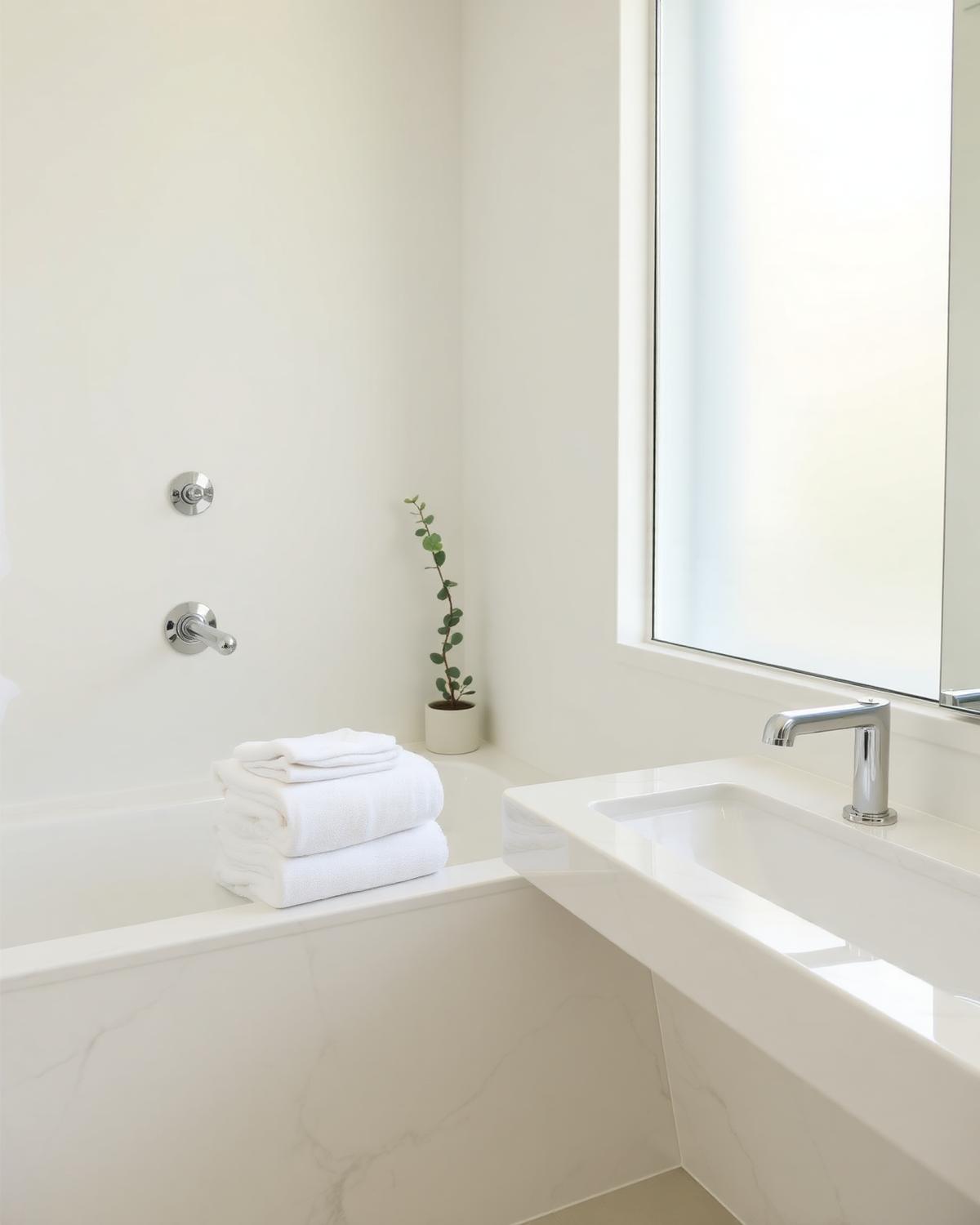 Spotless white marble bathroom with folded towels