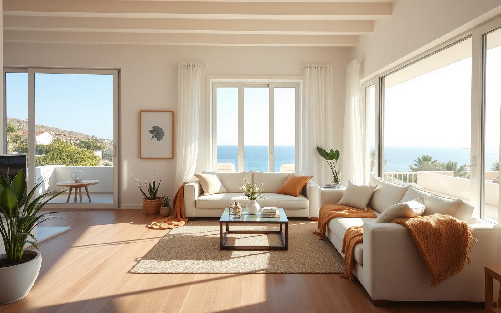 Bright, freshly cleaned Mediterranean vacation rental living room with ocean view